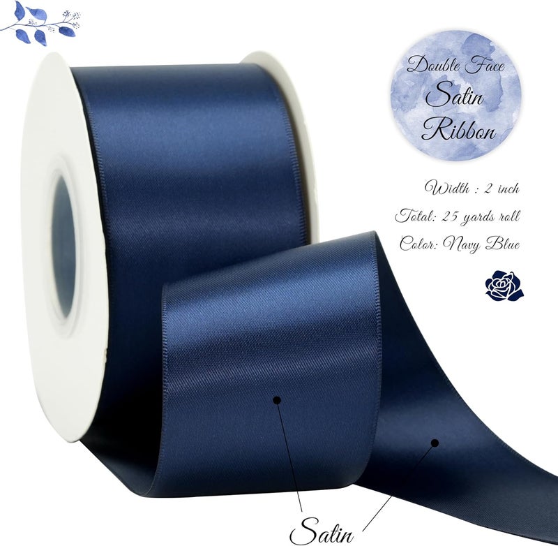 DINDOSAL Navy Blue Ribbon 2 Inch Double Face Satin Ribbon Thick Ribbon for Gift Wrapping Wedding Decor Bridal Bouquet Party Decorations DIY Crafts Diaper Cake Christmas Tree - 25Yards - Image 2